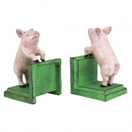 Toscano - Piggy in a Pen Sculptural Bookend Pair in Cast Iron