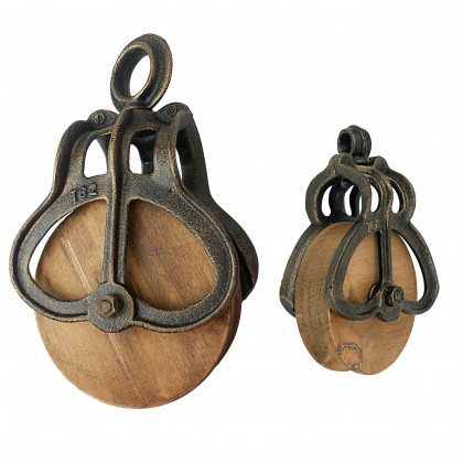 Toscano - Set of Vintage-Style Wheel Farm Pulley in Cast Iron/Wood