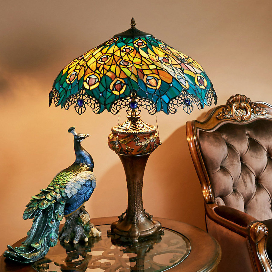 Toscano - Art Nouveau Peacock Tiffany-Style Table Lamp in Stained Glass