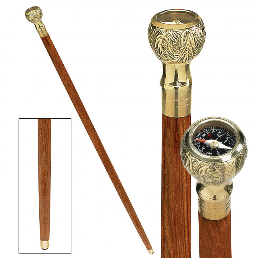 Toscano - Empress Direct Path Compass Walking Stick in Brass Capstick/Hardwood