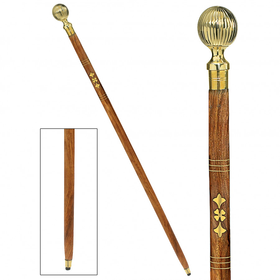 Toscano - Empress Fluted Sphere Walking Stick in Brass Capstick/Hardwood