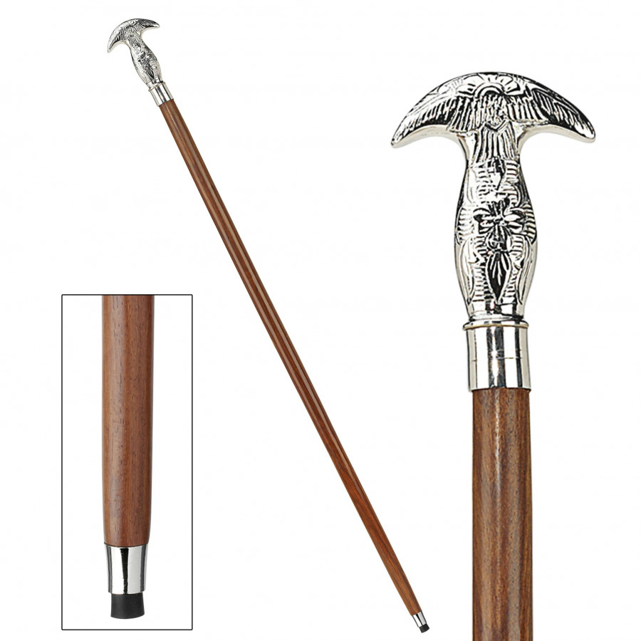 Toscano - Dobule Hook Knob Handle Walking Stick in Chrome Capstick/Hardwood