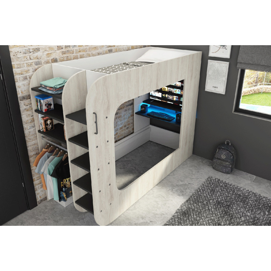 Trasman Gamer Bunk Bed with Table and Shelves - Natural/Black, 90x200cm