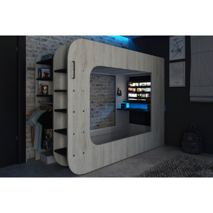 Trasman Gamer Bunk Bed with Table and Shelves - Natural/Black, 90x200cm