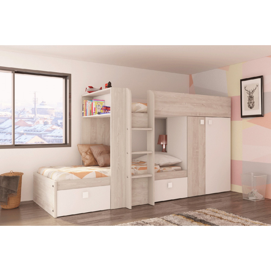 Trasman Bo 1 Reversible Bunk Bed with Drawers and Wardrobe - 90x200cm, without Supports