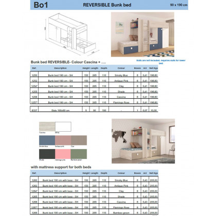 Trasman Bo 1 Reversible Bunk Bed with Drawers and Wardrobe - 90x200cm, Supports Included