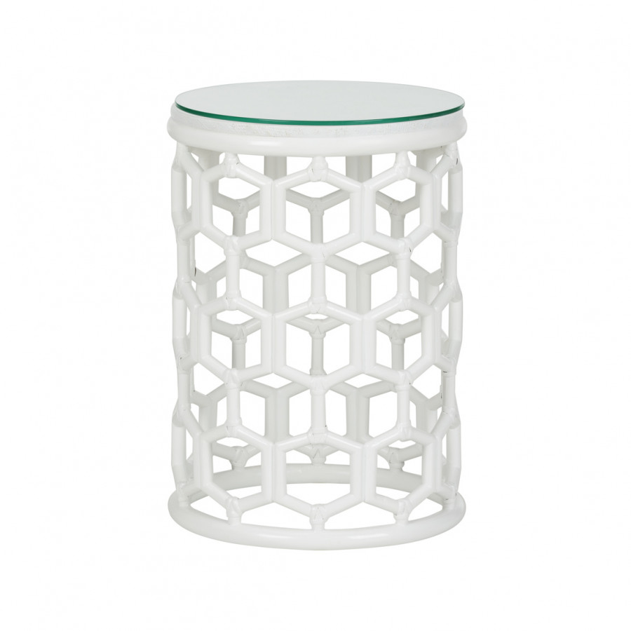Wildwood - Cefalu Drinks Table in White/Clear, Rattan Pole/Raffia/Glass