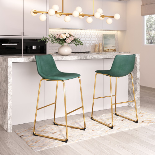 ZUO - Augusta Barstool (Set of 2) in Green/Gold