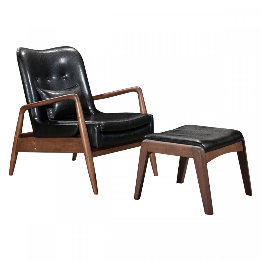 ZUO Bully Lounge Chair & Ottoman - Black/Walnut