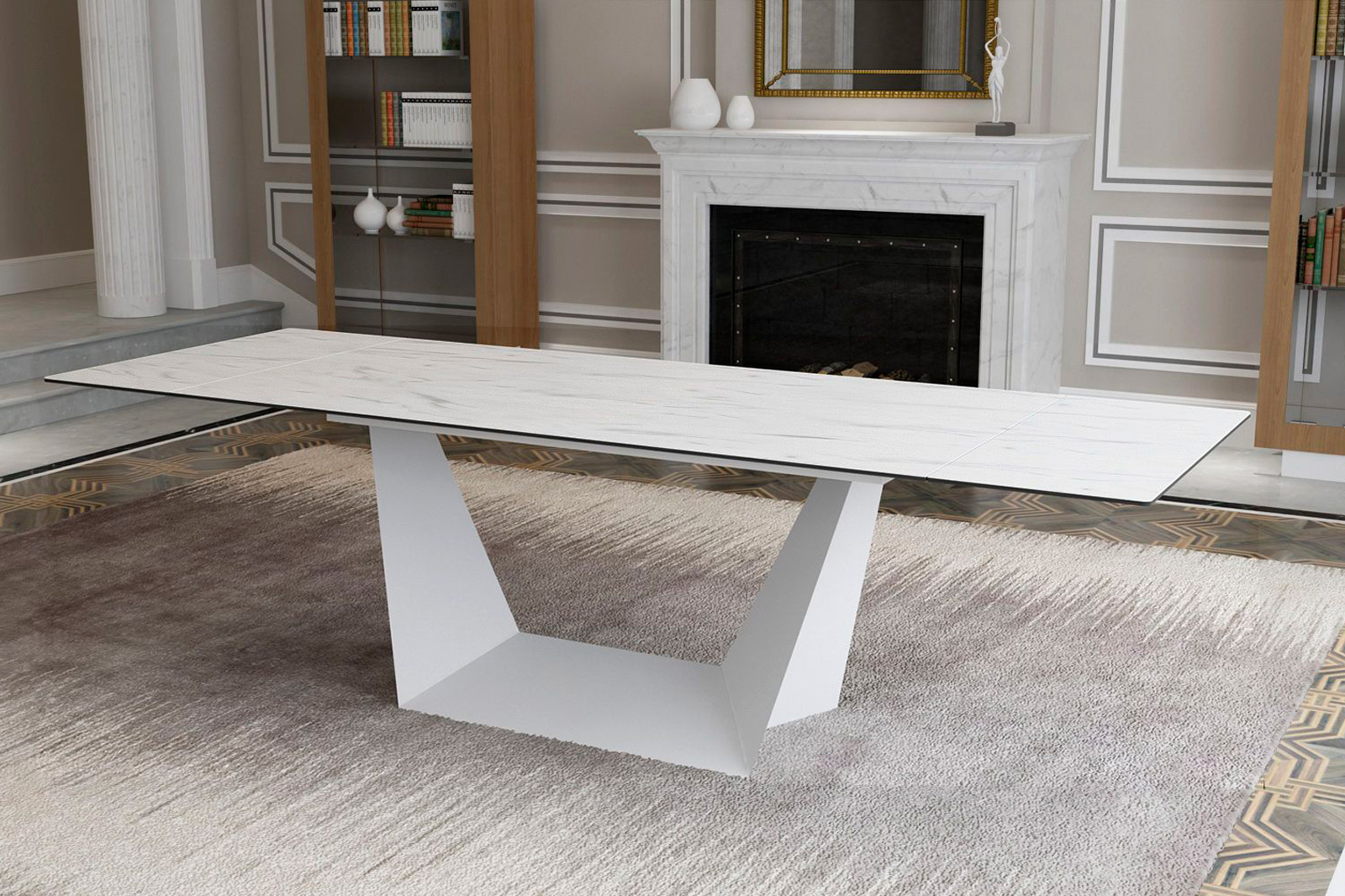 Mobital - Origami Dining Table with Double Extension in Carrera White, Ceramic