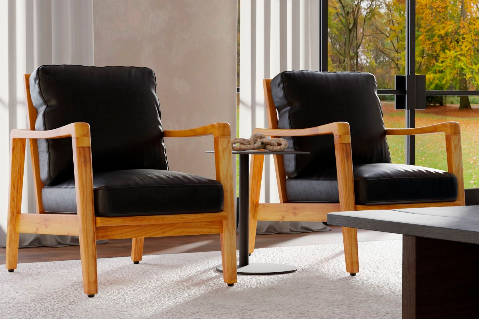Mobital Craftsman Square Arms Lounge Chair - Black, Leather, Wood Natural Frame