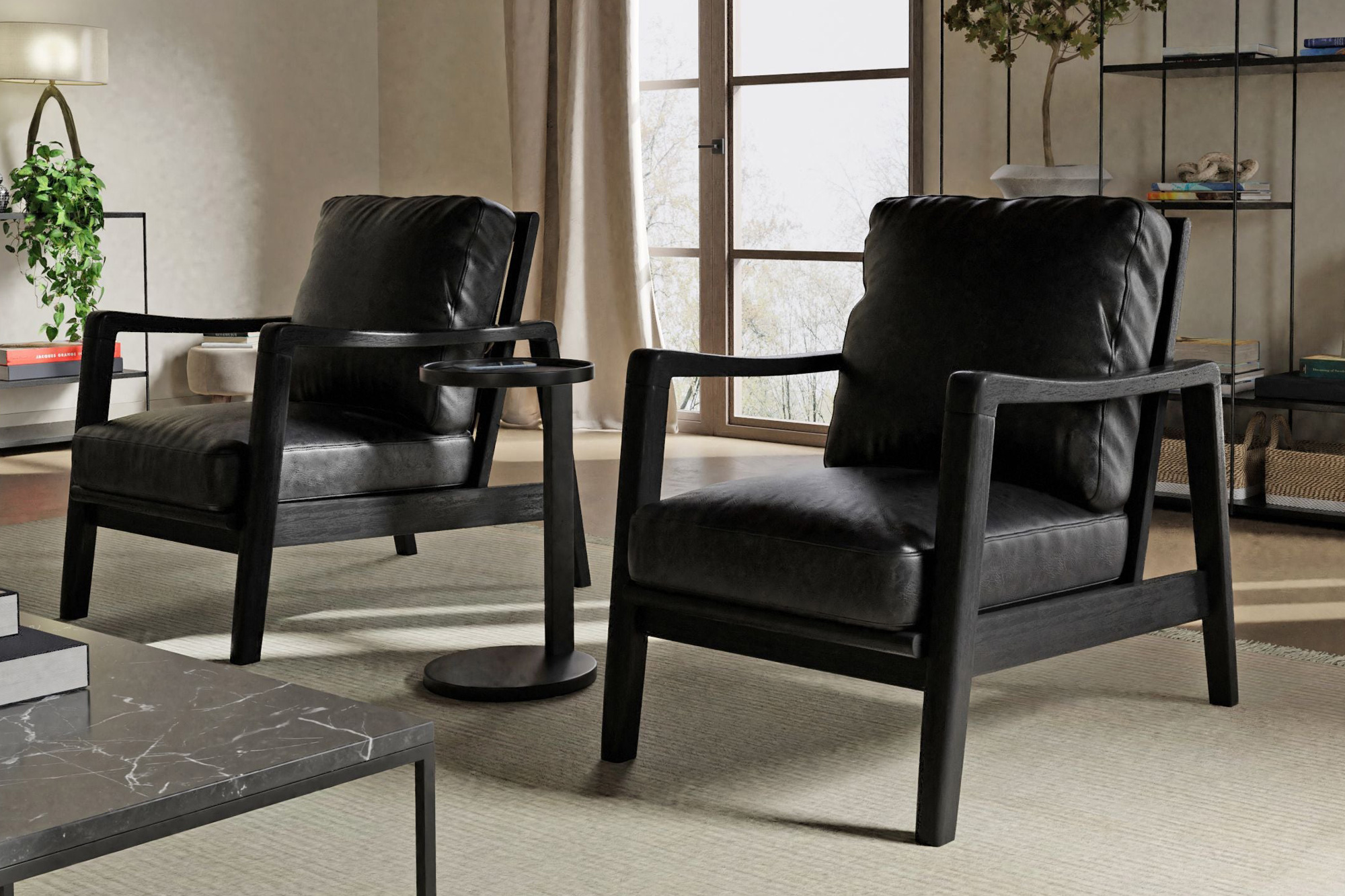 Mobital Craftsman Square Arms Lounge Chair - Black, Leather, Black Matte Frame