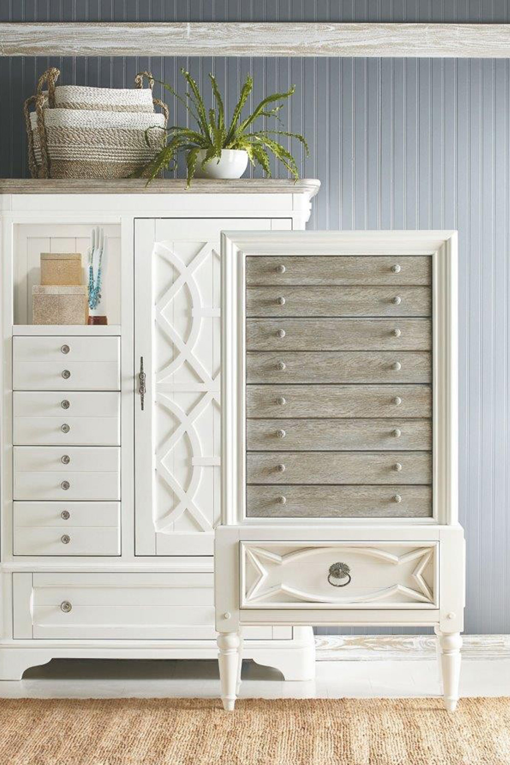 A.R.T. - Summer Creek Scrubbed Oak and Harbor White Sea Glass Collectors Chest