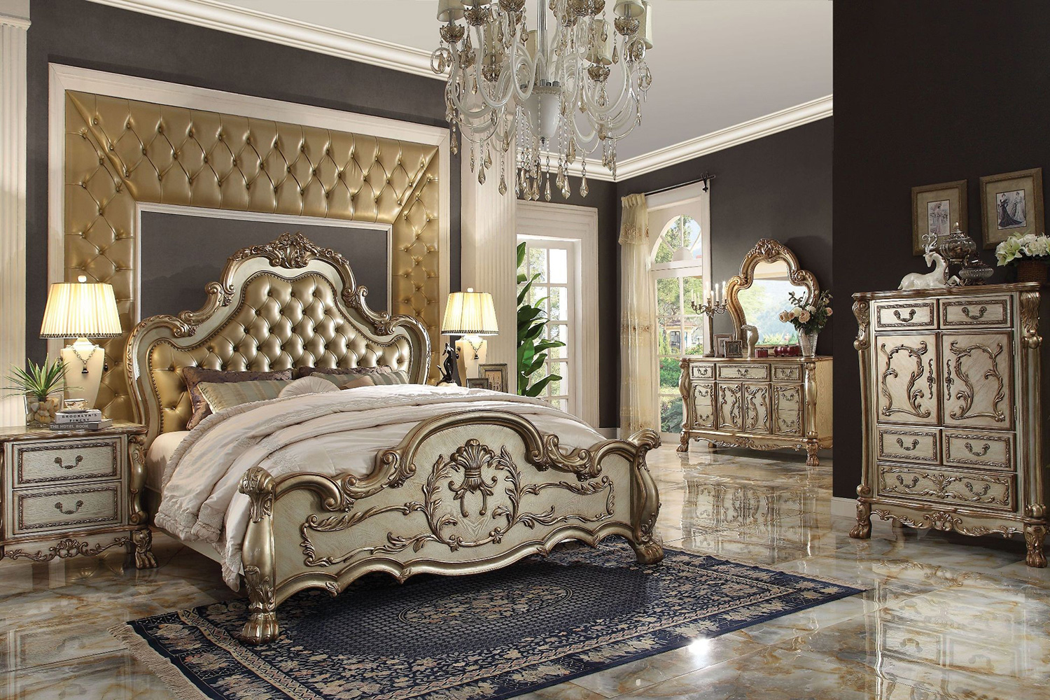 ACME Dresden Panel Bed - Bone Gold Patina, King Size