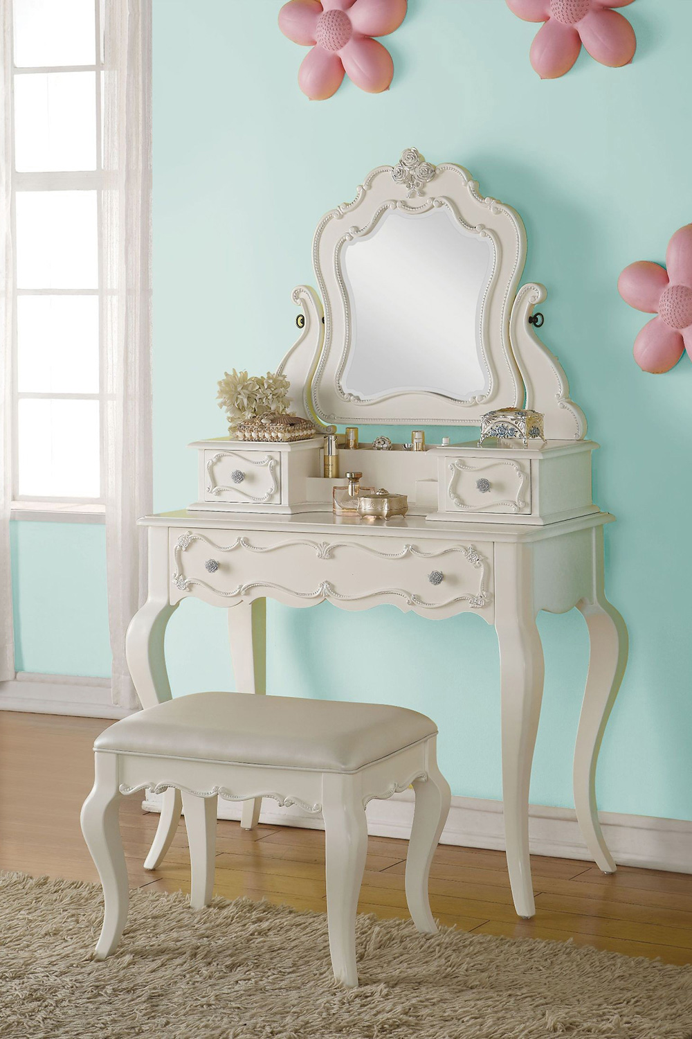 ACME - Edalene Vanity Desk with Mirror in Pearl White