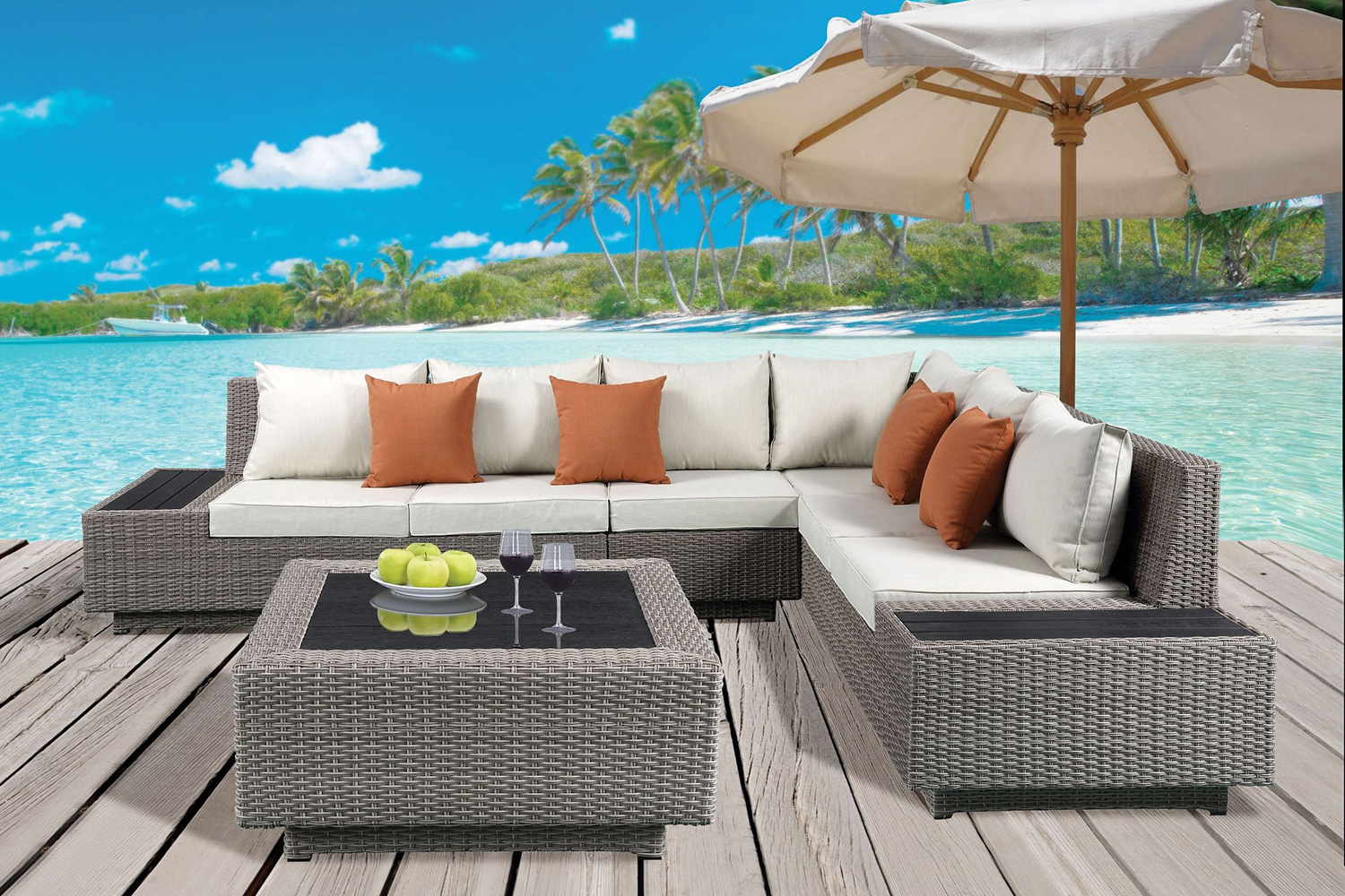 ACME - Salena Patio Sectional Sofa with 4 Pillows & Coffee Table in Beige/Gray Wicker