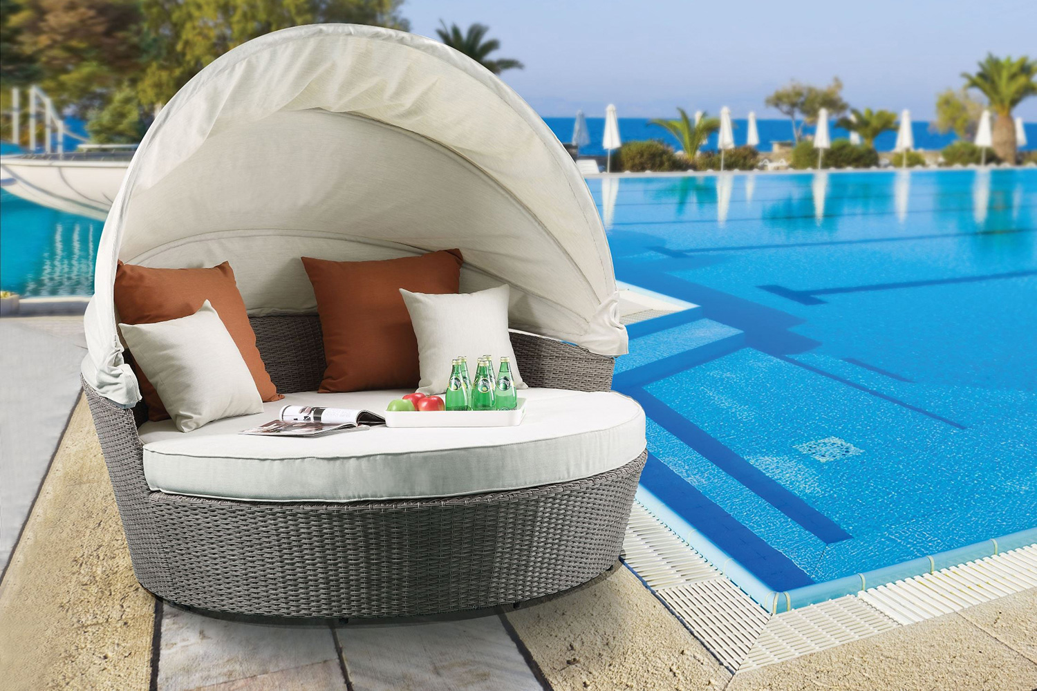 ACME - Salena Patio Canopy Sofa with 4 Pillows & Ottoman in Beige/Gray Wicker