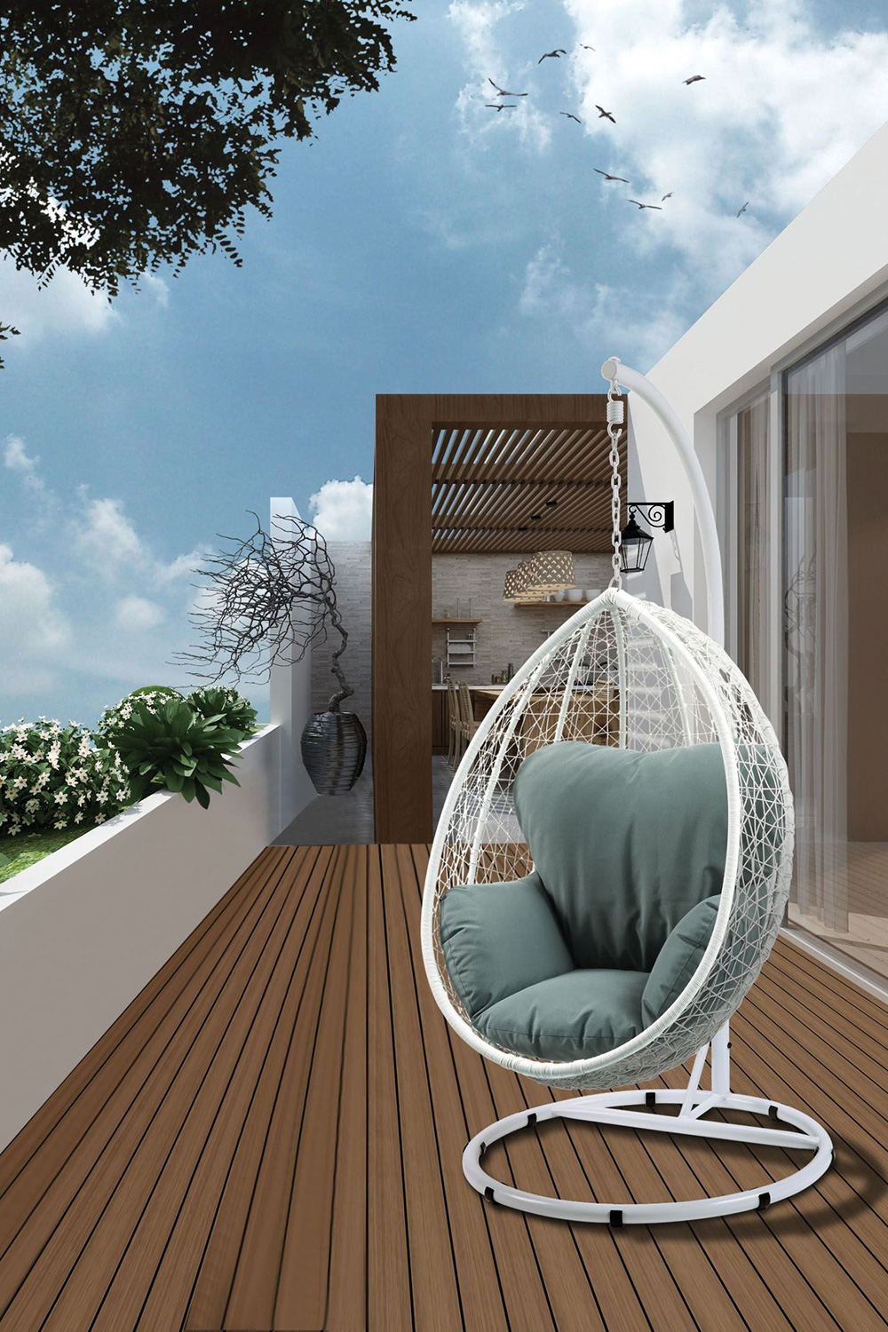 ACME Simona Patio Swing Chair with Stand - Wicker White