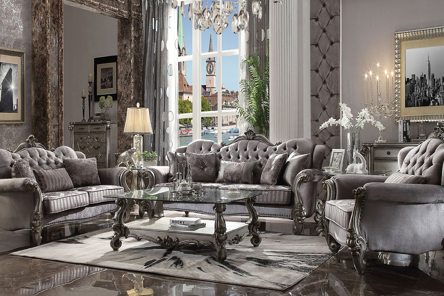 ACME Versailles Chair - Silver Velvet and Antique Platinum