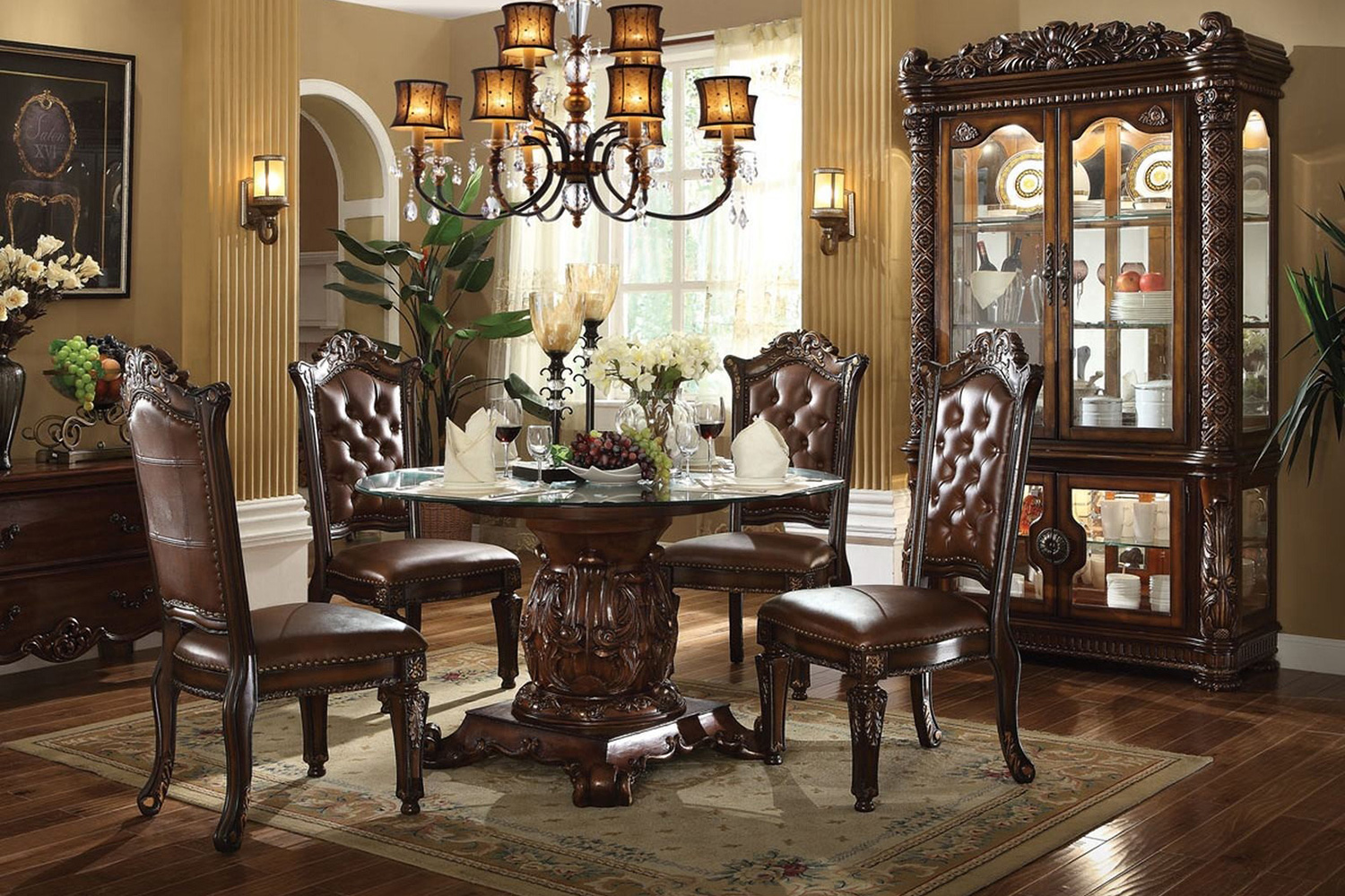 ACME - Vendome Round Dining Table in Clear Glass Top/Cherry