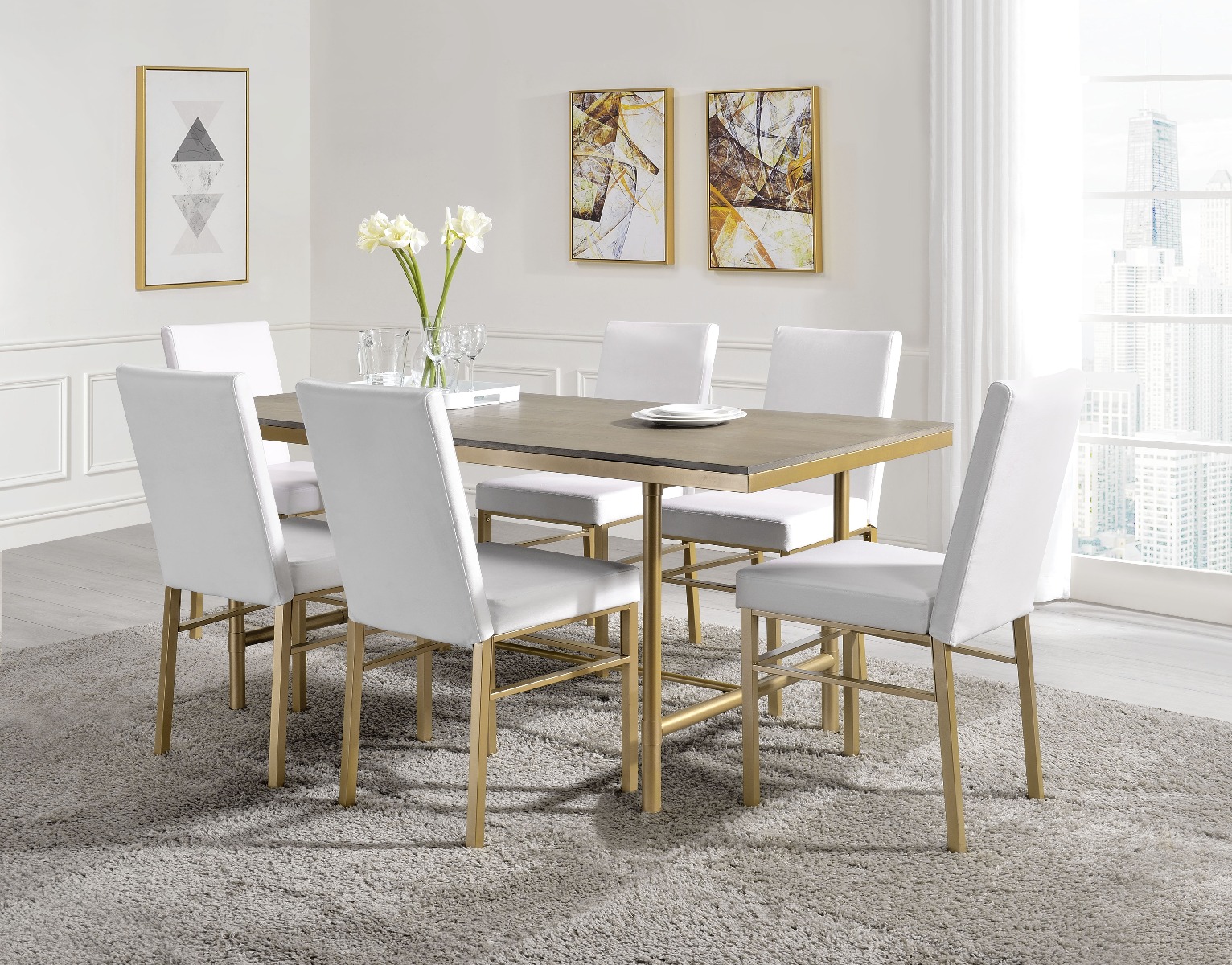 ACME - Entropy Dining Table in PU/Ash Oak/Champagne