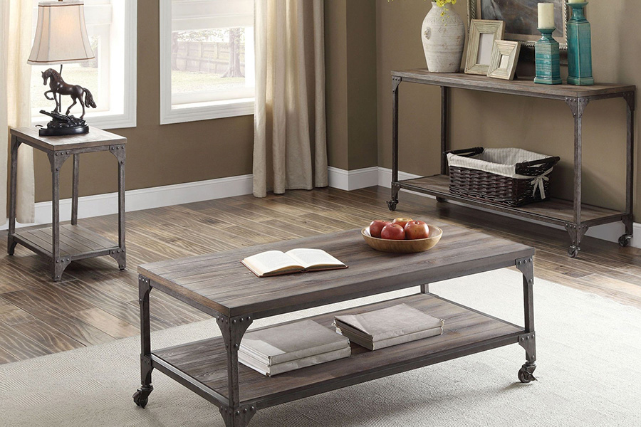 ACME - Gorden Sofa Table in Weathered Oak/Antique Nickel