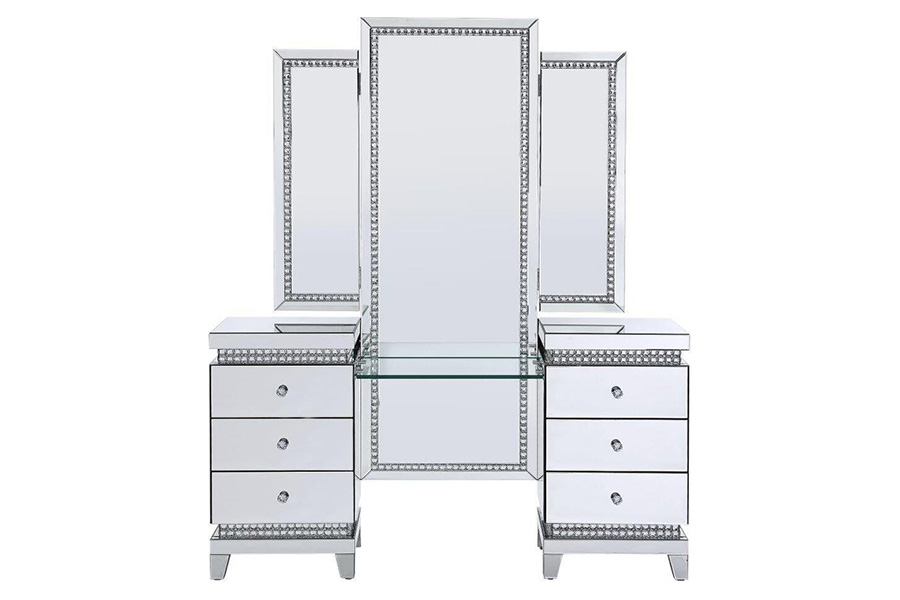 ACME - Lotus Vanity Desk in Mirrored/Faux Crystals