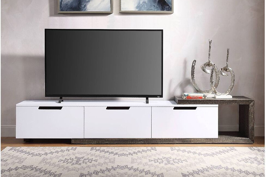 ACME - Orion TV Stand in White High Gloss/Rustic Oak