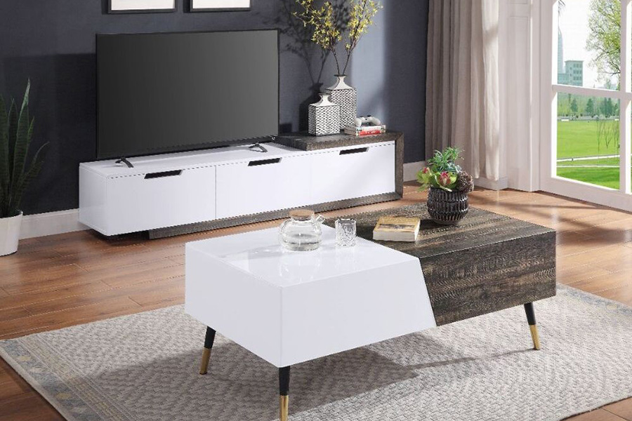 ACME - Orion TV Stand in White High Gloss/Rustic Oak