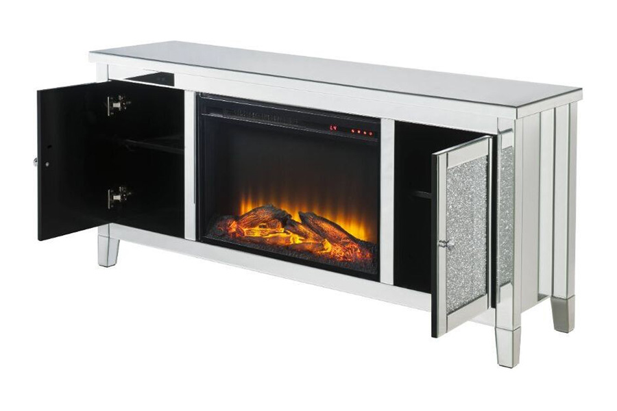 ACME - Noralie TV Stand with Fireplace in Mirrored/Faux Diamonds (91770)
