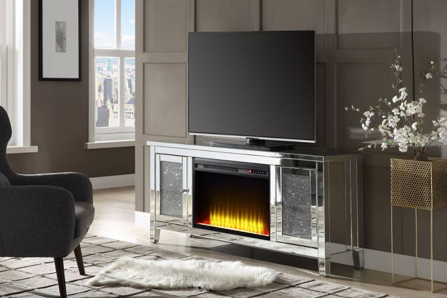 ACME - Noralie TV Stand with Fireplace in Mirrored/Faux Diamonds (91770)