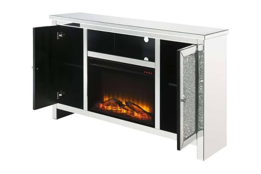 ACME - Noralie TV Stand with Fireplace in Mirrored/Faux Diamonds (91775)