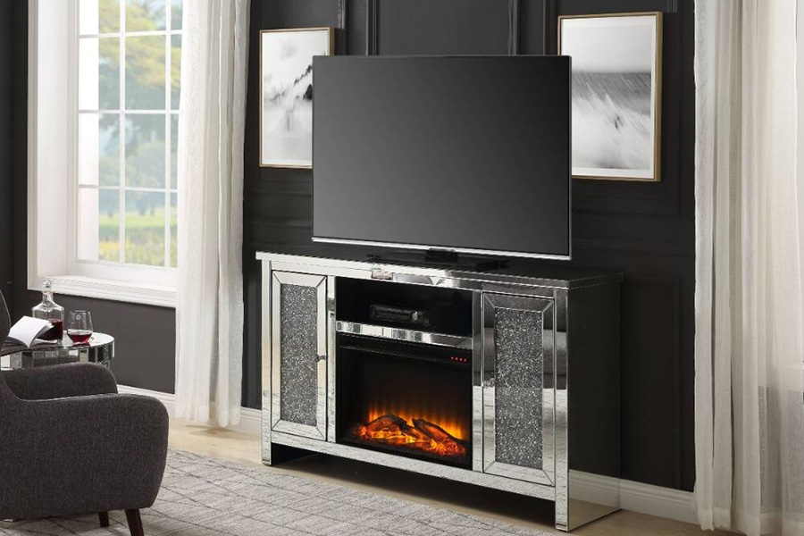ACME - Noralie TV Stand with Fireplace in Mirrored/Faux Diamonds (91775)