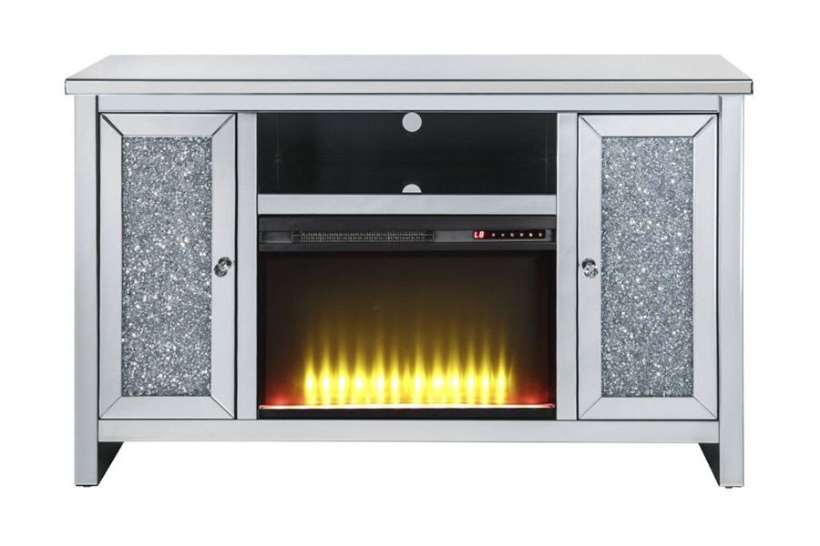 ACME - Noralie TV Stand with Fireplace in Mirrored/Faux Diamonds (91775)