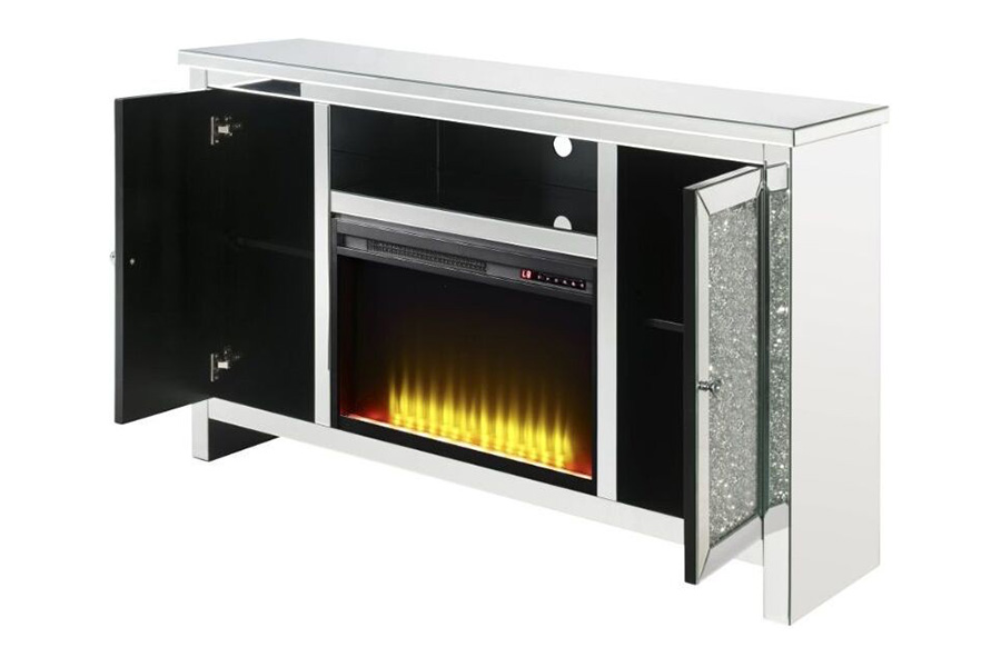 ACME - Noralie TV Stand with Fireplace in Mirrored/Faux Diamonds (91775)