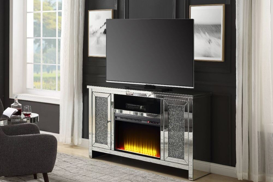 ACME - Noralie TV Stand with Fireplace in Mirrored/Faux Diamonds (91775)