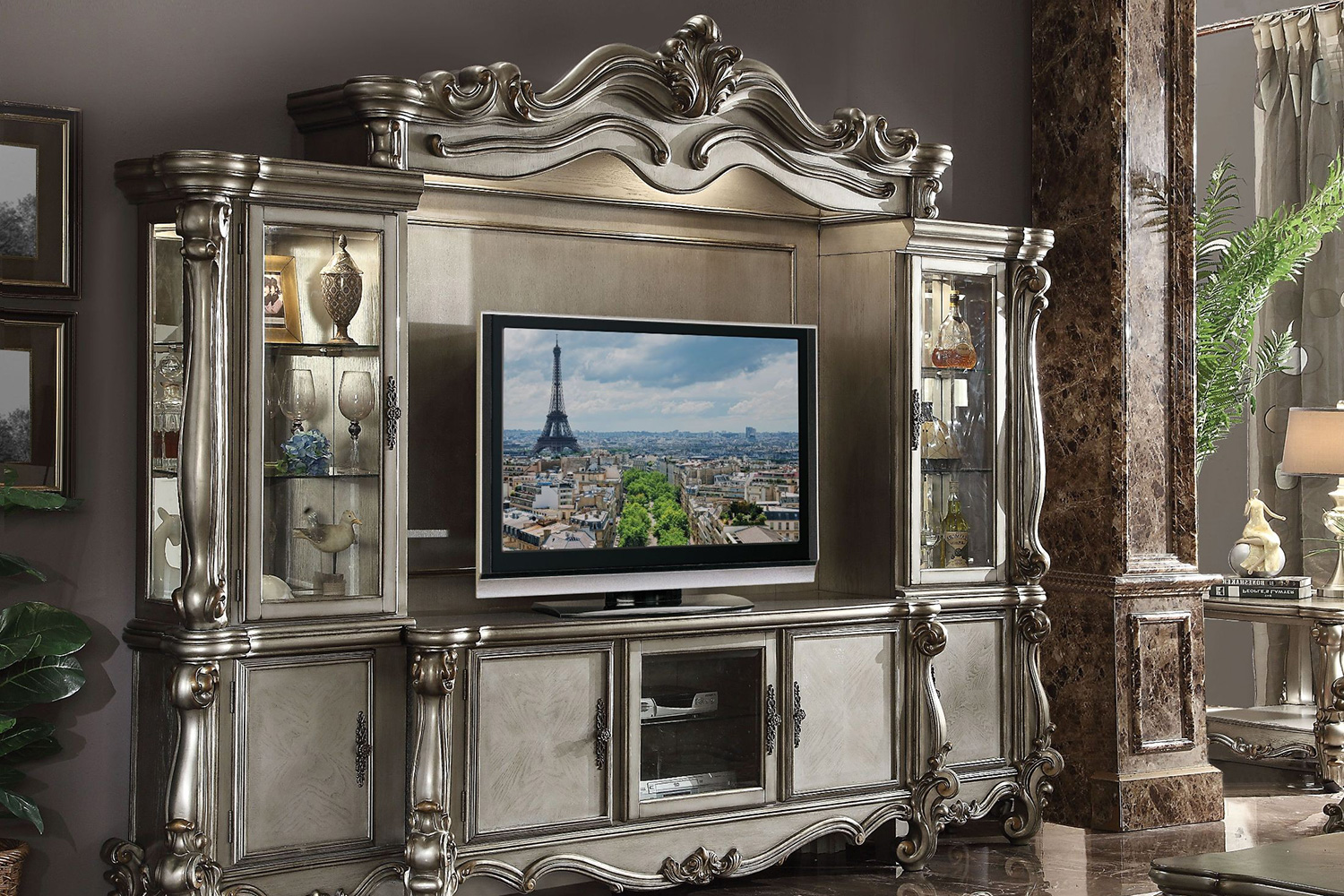 ACME - Versailles TV Stand in Antique Platinum
