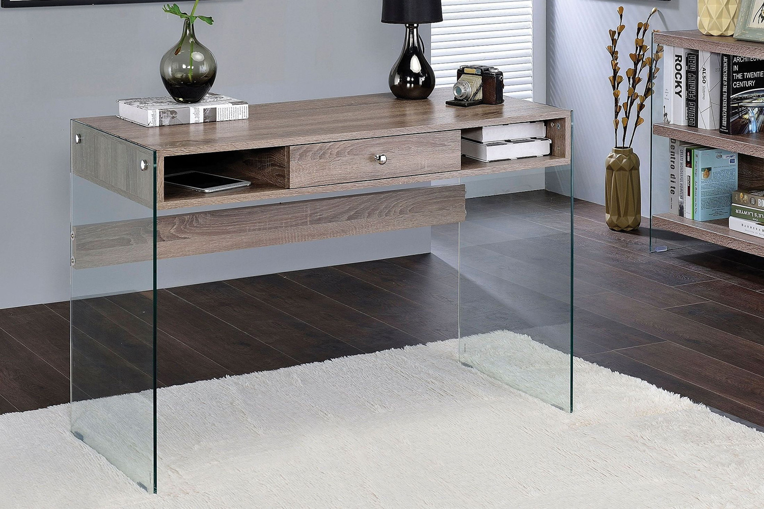 ACME - Armon Writing Desk in Clear Glass Top/Gray Oak