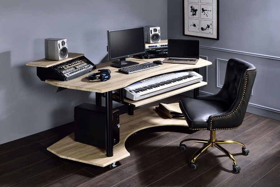 ACME Eleazar Music Recording Studio Desk - Natural Oak, 2 Stands
