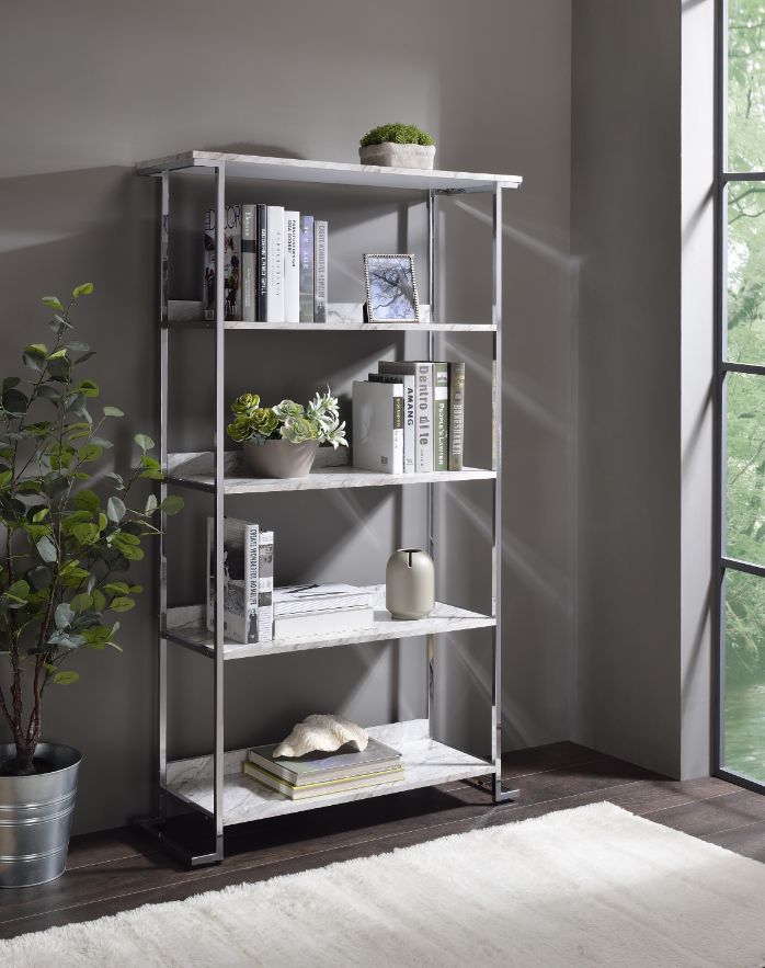 ACME - Visage Bookshelf in White Faux Marble Top/Chrome
