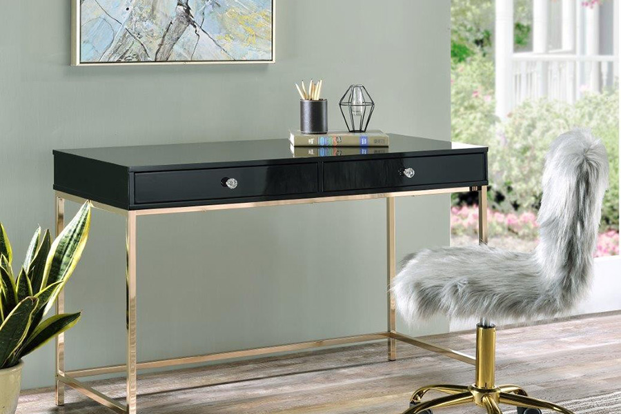 ACME Ottey Writing Desk - Black High Gloss and Gold Finish