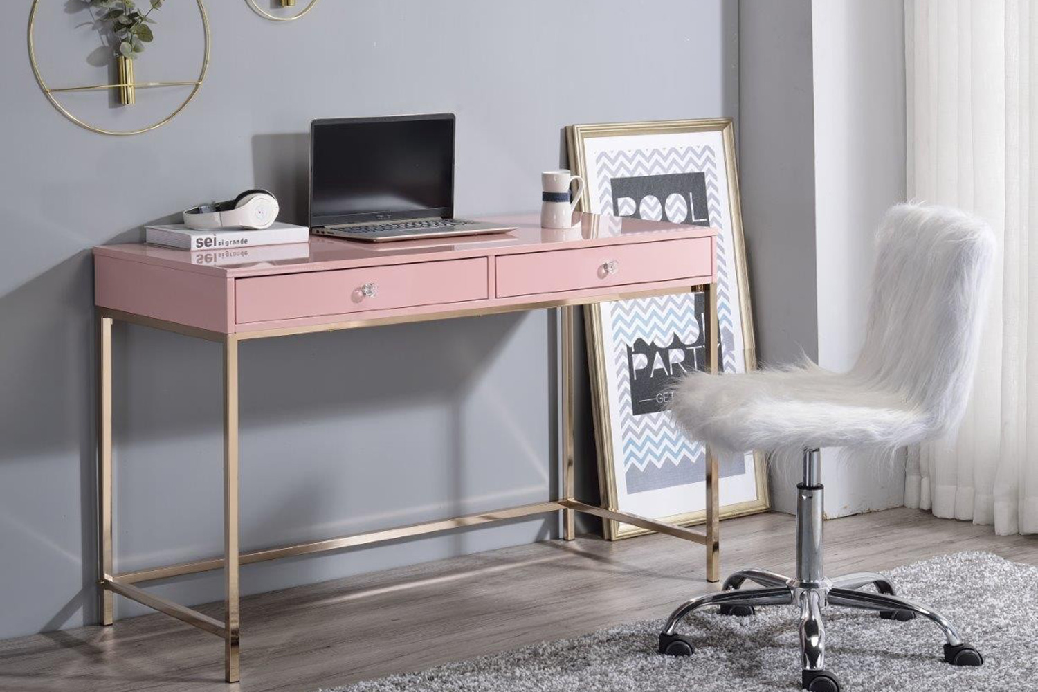 ACME Ottey Writing Desk - Pink High Gloss and Gold Finish