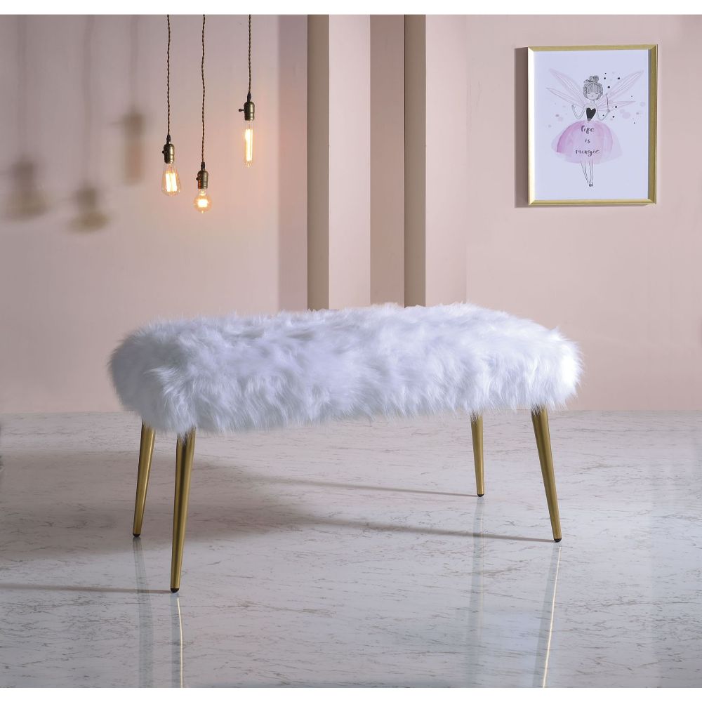 ACME - Bagley II Bench in White Faux Fur/Gold (96450)