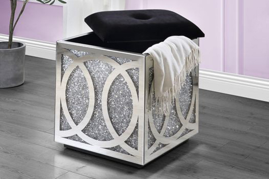 ACME - Noralie Ottoman with Storage in Mirrored/Faux Diamonds (AC00529)