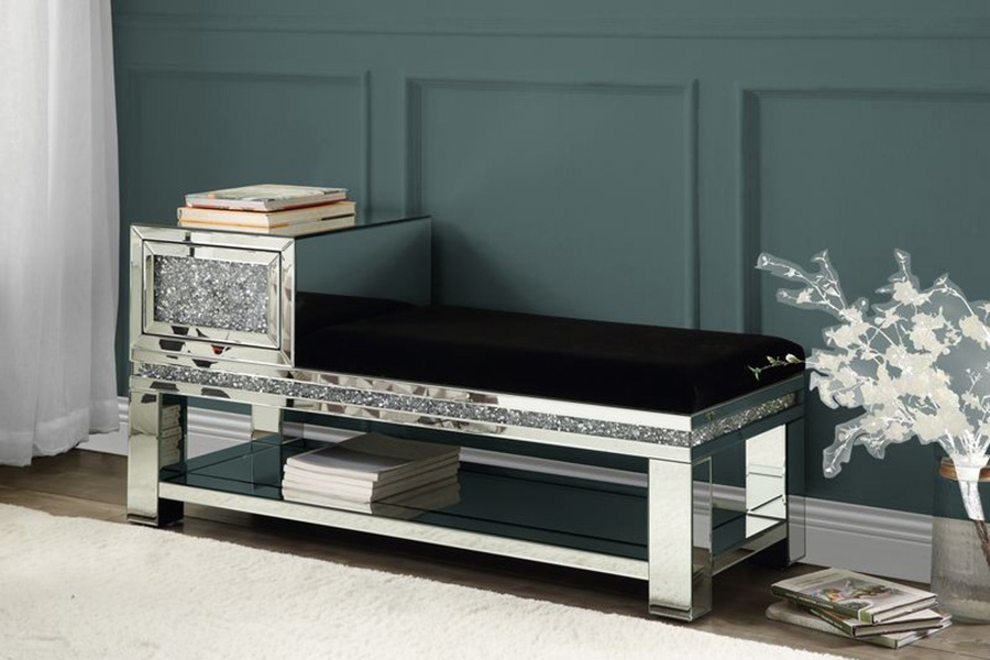 ACME - Noralie Bench with Storage in Mirrored/Faux Diamonds (AC00538)