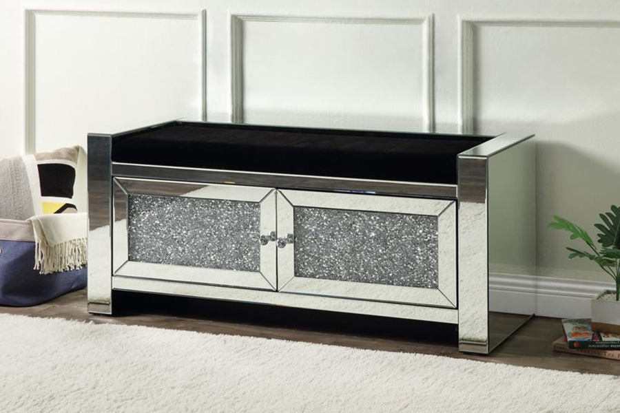 ACME - Noralie Bench with Storage in Mirrored/Faux Diamonds (AC00540)