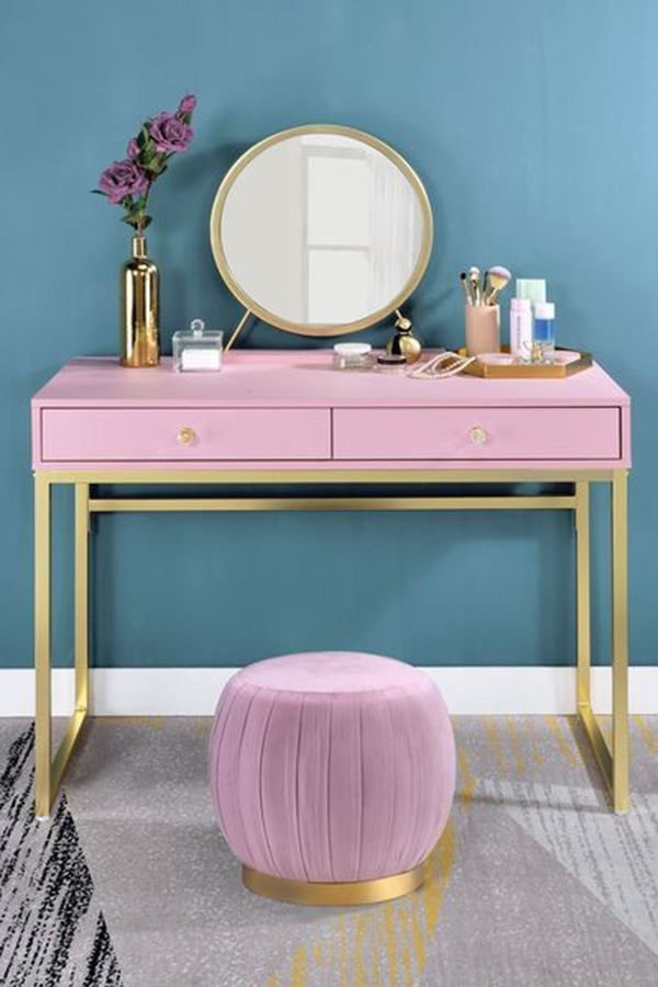 ACME Coleen Vanity Desk with Mirror & Jewelry Tray - Pink/Gold