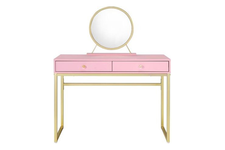 ACME Coleen Vanity Desk with Mirror & Jewelry Tray - Pink/Gold