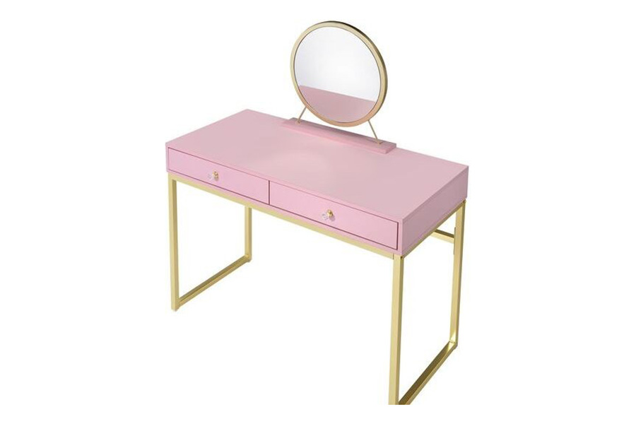 ACME Coleen Vanity Desk with Mirror & Jewelry Tray - Pink/Gold