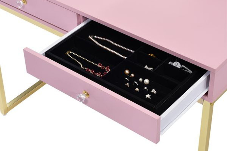 ACME Coleen Vanity Desk with Mirror & Jewelry Tray - Pink/Gold